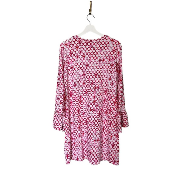 Ibkül Pink White Geo Print Long Mesh Sleeve 1/4 Popover Shift Active Dress Sz L - Picture 6 of 13